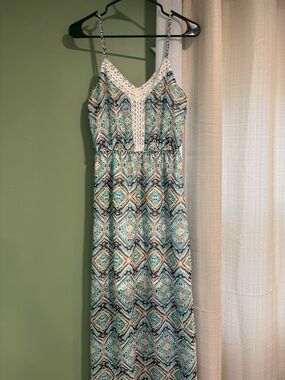 Maurices Teal and White Geo-Print Maxi Dress